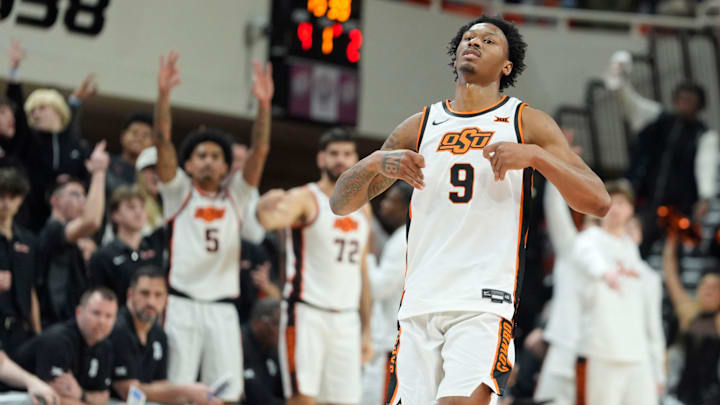 Oklahoma State Cowboys guard Anthony Roy (9) celebrates a 3-point basket during a BIG 12 men's college basketball game between the Oklahoma State Cowboys (OSU) and the BYU Cougars at Gallagher-Iba Arena in Stillwater, Okla., Wednesday, Feb. 4, 2026.