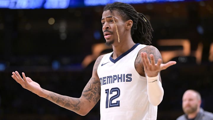 Jan 5, 2024; Los Angeles, California, USA; Memphis Grizzlies guard Ja Morant (12) reacts in the