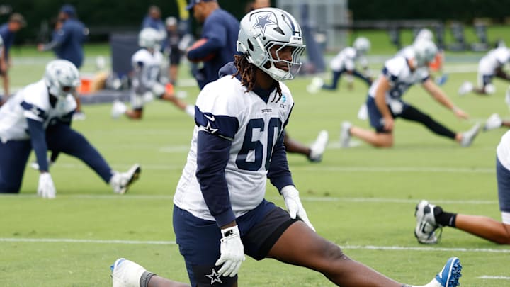 Dallas Cowboys offensive tackle Tyler Guyton goes through a drill during practice.