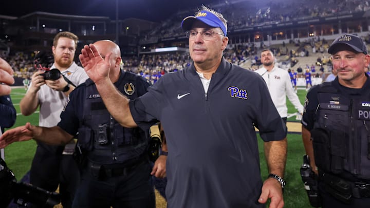 Nov 22, 2025; Atlanta, Georgia, USA; Pittsburgh Panthers head coach Pat Narduzzi after a victory over the Georgia Tech Yellow Jackets at Bobby Dodd Stadium at Hyundai Field. Mandatory Credit: Brett Davis-Imagn Images