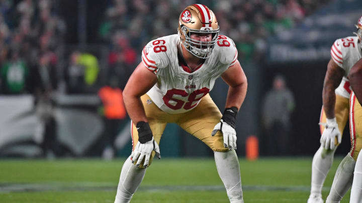 Dec 3, 2023; Philadelphia, Pennsylvania, USA; San Francisco 49ers offensive tackle Colton McKivitz (68) against the Philadelphia Eagles at Lincoln Financial Field. Mandatory Credit: Eric Hartline-USA TODAY Sports