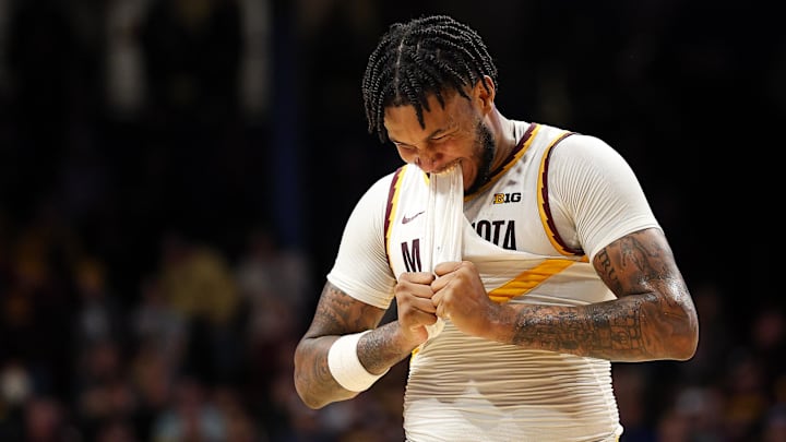 Jan 9, 2026; Minneapolis, Minnesota, USA; Minnesota Golden Gophers forward Jaylen Crocker-Johnson (5) reacts during overtime against the Southern California Trojans at Williams Arena. Mandatory Credit: Matt Krohn-Imagn Images