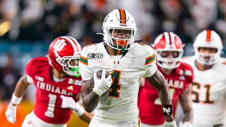 Jan 19, 2026; Miami Gardens, FL, USA; Miami Hurricanes running back Mark Fletcher Jr. (4) runs for a touchdown against the Indiana Hoosiers during the College Football Playoff National Championship game at Hard Rock Stadium. Mandatory Credit: Mark J. Rebilas-Imagn Images Jan 19, 2026; Miami Gardens, FL, USA; Miami Hurricanes running back Mark Fletcher Jr. (4) runs for a touchdown against the Indiana Hoosiers during the College Football Playoff National Championship game at Hard Rock Stadium. Mandatory Credit: Mark J. Rebilas-Imagn Images