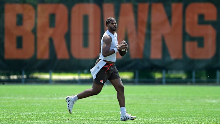 Cleveland Browns quarterback Shedeur Sanders puts in extra work after practice during NFL minicamp, Wednesday, June 11, 2025, in Berea, Ohio.