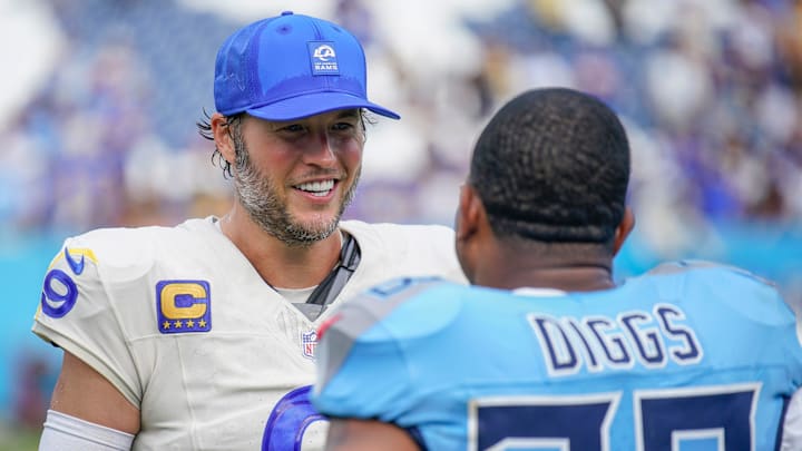 Los Angeles Rams quarterback Matthew Stafford (9) and Tennessee Titans safety Quandre Diggs (28) talk after the Titans’ 33-19 loss to the Rams at Nissan Stadium in Nashville, Tenn., Sunday, Sept. 14, 2025.