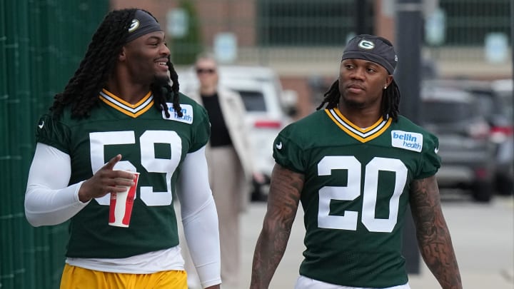 Linebacker Ty’Ron Hopper (59) and Javon Bullard arrive for organized team activities for the Green Bay Packers Tuesday, May 21, 2024 in Green Bay, Wisconsin.