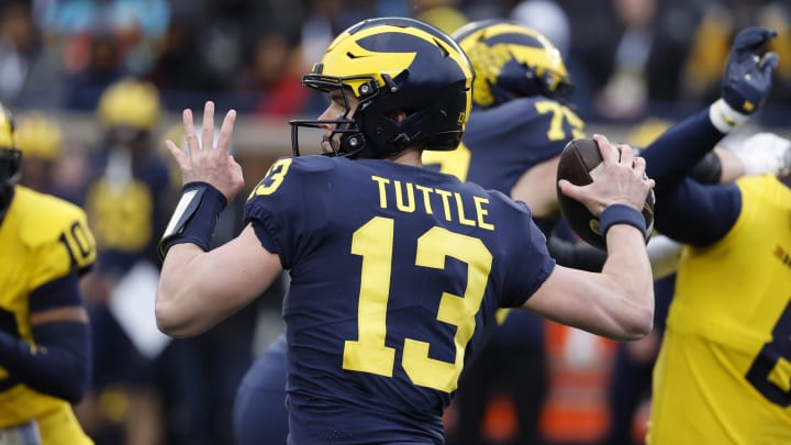 Apr 1, 2023; Ann Arbor, MI, USA; Michigan Wolverines quarterback Jack Tuttle (13) passes during the Spring Game at Michigan Stadium.