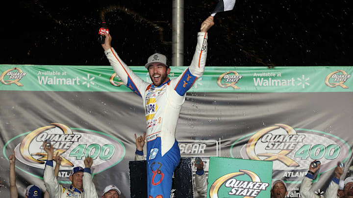 HAMPTON, GEORGIA - JUNE 28: Chase Elliott, driver of the #9 NAPA/Children's Chevrolet, celebrates in victory lane after winning the NASCAR Cup Series Quaker State 400 Available at Walmart at Echo Park Speedway on June 28, 2025 in Hampton, Georgia. HAMPTON, GEORGIA - JUNE 28: Chase Elliott, driver of the #9 NAPA/Children's Chevrolet, celebrates in victory lane after winning the NASCAR Cup Series Quaker State 400 Available at Walmart at Echo Park Speedway on June 28, 2025 in Hampton, Georgia.