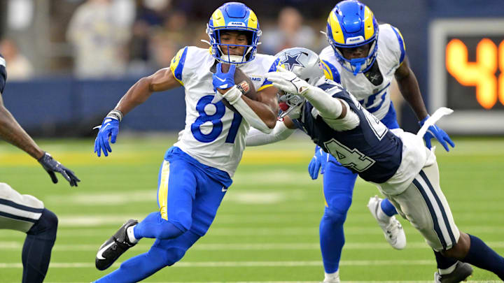 Aug 9, 2025; Inglewood, California, USA;  Los Angeles Rams wide receiver Brennan Presley (81) gets past Dallas Cowboys defensive end Payton Turner (98) on a 56 yard pass play during the second half at SoFi Stadium. Mandatory Credit: Jayne Kamin-Oncea-Imagn Images