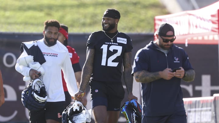 Jul 23, 2025; Houston, TX, USA;  Houston Texans wide receiver Nico Collins (12) during training camp at Houston Methodist Training Center. Mandatory Credit: Troy Taormina-Imagn Images