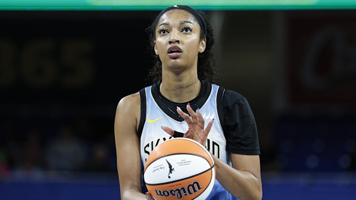 Sep 3, 2025; Chicago, Illinois, USA; Chicago Sky forward Angel Reese (5) shoots a free throw against the Connecticut Sun during the second half at Wintrust Arena. Mandatory Credit: Kamil Krzaczynski-Imagn Images