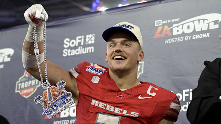 UNLV Rebels linebacker Jackson Woodard (7) celebrates after he was named offensive player of the game after defeating the California Golden Bears in the LA Bowl at SoFi Stadium. 