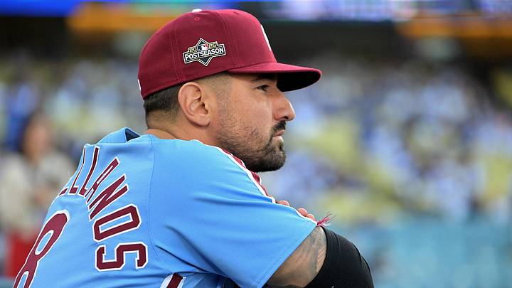 Oct 8, 2025; Los Angeles, California, USA; Philadelphia Phillies right fielder Nick Castellanos (8) looks on from the dugout during game three of the NLDS of the 2025 MLB playoffs against the Los Angeles Dodgers at Dodger Stadium. Mandatory Credit: Jayne Kamin-Oncea-Imagn Images Oct 8, 2025; Los Angeles, California, USA; Philadelphia Phillies right fielder Nick Castellanos (8) looks on from the dugout during game three of the NLDS of the 2025 MLB playoffs against the Los Angeles Dodgers at Dodger Stadium. Mandatory Credit: Jayne Kamin-Oncea-Imagn Images