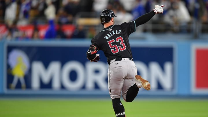 May 22, 2024; Los Angeles, California, USA; Arizona Diamondbacks first baseman Christian Walker (53) runs the bases after hitting a solo home run against the Los Angeles Dodgers during the sixth inning at Dodger Stadium. Mandatory Credit: Gary A. Vasquez-USA TODAY Sports