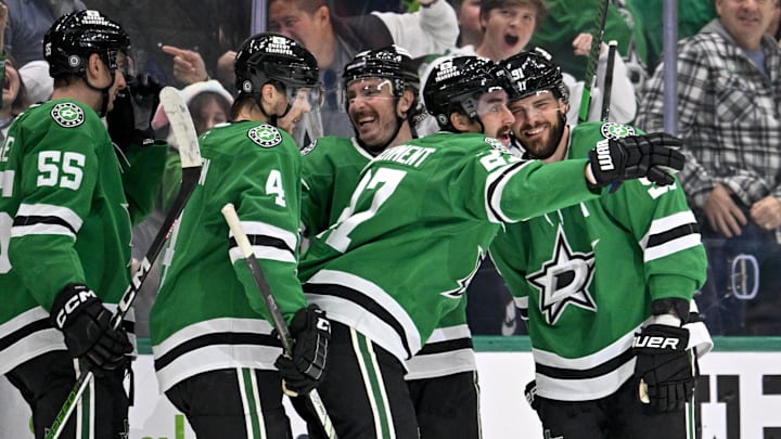Dec 1, 2024; Dallas, Texas, USA; Dallas Stars defenseman Miro Heiskanen (4) and defenseman Thomas Harley (55) and center Matt Duchene (95) and left wing Mason Marchment (27) and center Tyler Seguin (91) celebrate after Marchment scores the game winning goal against the Winnipeg Jets during the third period at the American Airlines Center. Mandatory Credit: Jerome Miron-Imagn Images