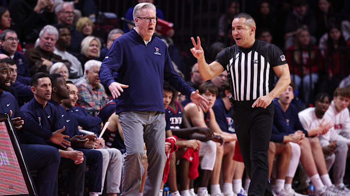 Dec 20, 2025; Piscataway, New Jersey, USA; Penn Quakers head coach Fran McCaffery reacts during the first half against the Rutgers Scarlet Knights at Jersey Mike's Arena. Mandatory Credit: Vincent Carchietta-Imagn Images