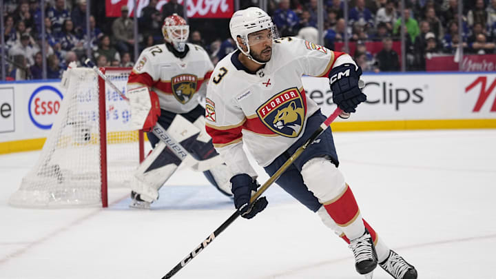 May 18, 2025; Toronto, Ontario, CAN; Florida Panthers defenseman Seth Jones (3) skates against the Toronto Maple Leafs during the first period of game seven of the second round of the 2025 Stanley Cup Playoffs at Scotiabank Arena. Mandatory Credit: John E. Sokolowski-Imagn Images