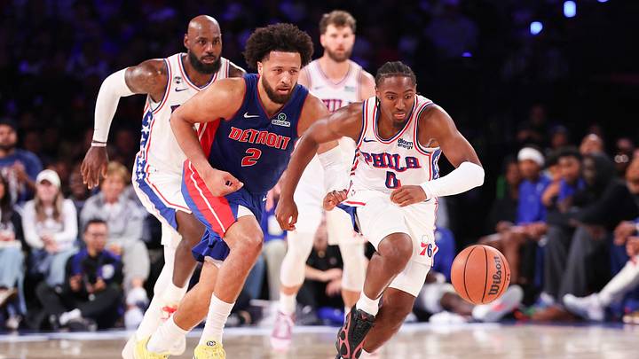 Oct 25, 2026; Philadelphia, Pennsylvania, USA; Philadelphia 76ers guard Tyrese Maxey (0) chases a loose ball in front of Detroit Pistons guard Cade Cunningham (2) during the third quarter at Xfinity Mobile Arena. Mandatory Credit: Bill Streicher-Imagn Images Oct 25, 2026; Philadelphia, Pennsylvania, USA; Philadelphia 76ers guard Tyrese Maxey (0) chases a loose ball in front of Detroit Pistons guard Cade Cunningham (2) during the third quarter at Xfinity Mobile Arena. Mandatory Credit: Bill Streicher-Imagn Images