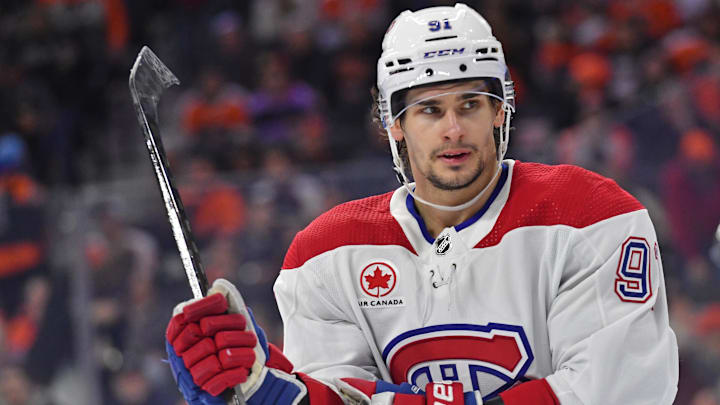 Jan 10, 2024; Philadelphia, Pennsylvania, USA; Montreal Canadiens center Sean Monahan (91) against
