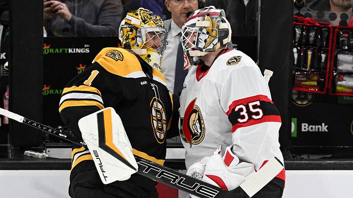 Nov 9, 2024; Boston, Massachusetts, USA; Boston Bruins goaltender Jeremy Swayman (1) talks with Ottawa Senators goaltender Linus Ullmark (35) before a game at TD Garden. Mandatory Credit: Brian Fluharty-Imagn Images