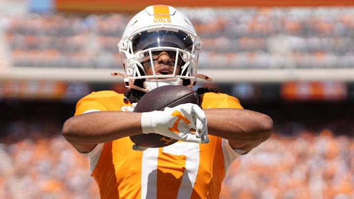 Tennessee wide receiver Chris Brazzell II (17) celebrates after scoring a touchdown against UAB