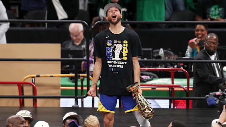 Jun 16, 2022; Boston, Massachusetts, USA; Golden State Warriors guard Stephen Curry (30) reacts after defeating the Boston Celtics in game six of the 2022 NBA Finals at the TD Garden. Mandatory Credit: Paul Rutherford-Imagn Images