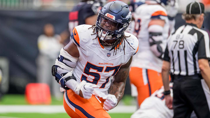 November 2, 2025: Denver Broncos linebacker Dre Greenlaw (57) celebrates a defensive stop during a game between the Denver Broncos and the Houston Texans in Houston, TX. 