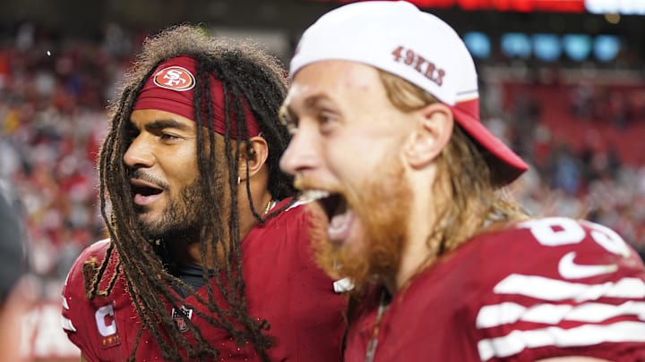 January 20, 2024; Santa Clara, CA, USA; San Francisco 49ers linebacker Fred Warner (54) and tight end George Kittle (85) celebrate after defeating the Green Bay Packers in a 2024 NFC divisional round game at Levi's Stadium. Mandatory Credit: Kyle Terada-Imagn Images