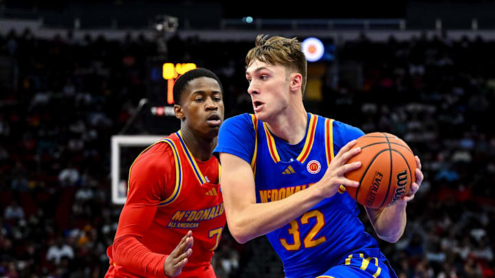 Apr 2, 2024; Houston, TX, USA; McDonald's All American East forward Cooper Flagg (32) controls the