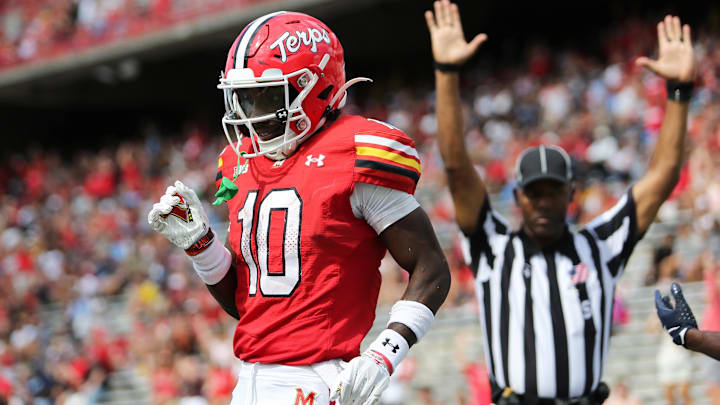 Sep 21, 2024; College Park, Maryland, USA; Maryland Terrapins wide receiver Tai Felton (10) celebrates after scoring a touchdown against the Villanova Wildcats during the third quarter at SECU Stadium. Mandatory Credit: Daniel Kucin Jr.-Imagn Images
