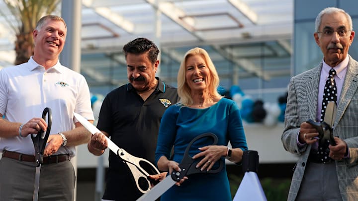Jacksonville Jaguars' owner Shad Khan (second from left), Mayor Donna Deegan and City Council