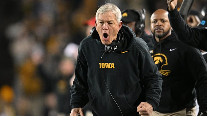Nov 11, 2023; Iowa City, Iowa, USA; Iowa Hawkeyes head coach Kirk Ferentz reacts during the fourth quarter against the Rutgers Scarlet Knights at Kinnick Stadium. Mandatory Credit: Jeffrey Becker-USA TODAY Sports