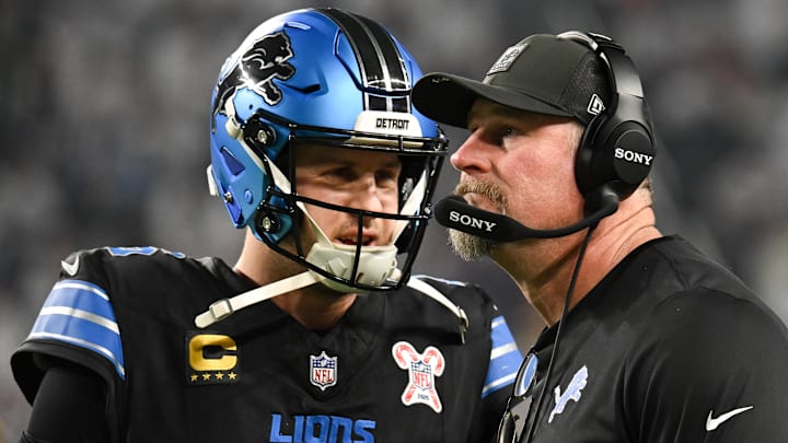 Dec 25, 2025; Minneapolis, Minnesota, USA; Detroit Lions quarterback Jared Goff (16) speaks with head coach Dan Campbell in the second quarter against the Minnesota Vikings at U.S. Bank Stadium. Mandatory Credit: Jeffrey Becker-Imagn Images Dec 25, 2025; Minneapolis, Minnesota, USA; Detroit Lions quarterback Jared Goff (16) speaks with head coach Dan Campbell in the second quarter against the Minnesota Vikings at U.S. Bank Stadium. Mandatory Credit: Jeffrey Becker-Imagn Images