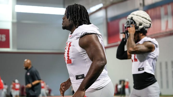 Ohio State Buckeyes defensive lineman Jarquez Carter (91) runs during spring football practice at the Woody Hayes Athletic Center in Columbus on March 19, 2025.