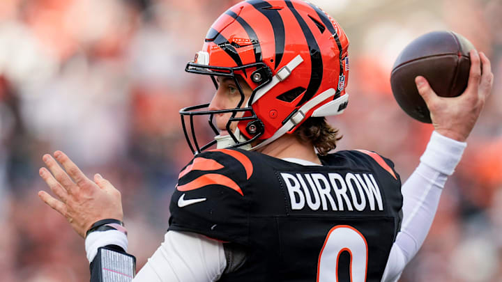 Cincinnati Bengals quarterback Joe Burrow (9) throws a pass in the fourth quarter of the NFL Week 18 game between the Cincinnati Bengals and the Cleveland Browns at Paycor Stadium in Downtown Cincinnati on Sunday, Jan. 4, 2026. The Browns kicked a last second field goal to win 20-18.