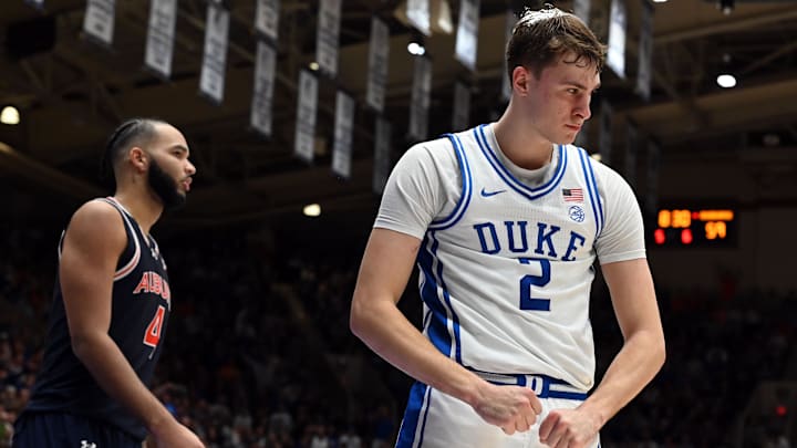Dec 4, 2024; Durham, North Carolina, USA; Duke Blue Devils forward Cooper Flagg (2) reacts after scoring during the second half against the Auburn Tigers at Cameron Indoor Stadium.  The Blue Devils won 84-78.   Mandatory Credit: Rob Kinnan-Imagn Images
