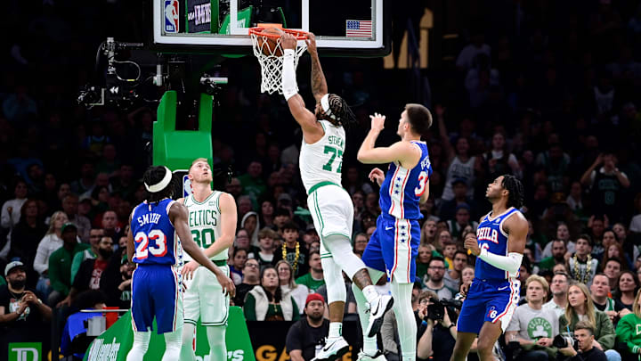 Oct 8, 2023; Boston, Massachusetts, USA; Boston Celtics forward Lamar Stevens (77) dunks the ball against the Philadelphia 76ers during the second half at TD Garden. Mandatory Credit: Eric Canha-Imagn Images Oct 8, 2023; Boston, Massachusetts, USA; Boston Celtics forward Lamar Stevens (77) dunks the ball against the Philadelphia 76ers during the second half at TD Garden. Mandatory Credit: Eric Canha-Imagn Images