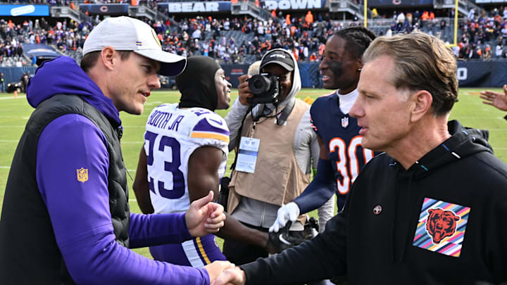 Oct 15, 2023; Chicago, Illinois, USA; Minnesota Vikings head coach Kevin O'Connell (left) shakes hands with Chicago Bears head coach Matt Eberflus after their game at Soldier Field. Mandatory Credit: Jamie Sabau-Imagn Images Oct 15, 2023; Chicago, Illinois, USA; Minnesota Vikings head coach Kevin O'Connell (left) shakes hands with Chicago Bears head coach Matt Eberflus after their game at Soldier Field. Mandatory Credit: Jamie Sabau-Imagn Images