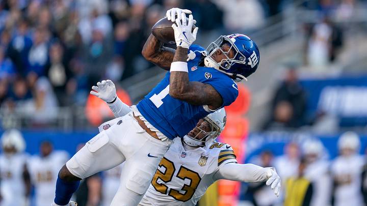 New York Giants wide receiver Malik Nabers (1) makes a catch in the fourth quarter during a week 6 NFL football game between New York Giants and New Orleans Saints on Sunday, Oct. 18, 2026, at MetLife Stadium in East Rutherford, NJ.
