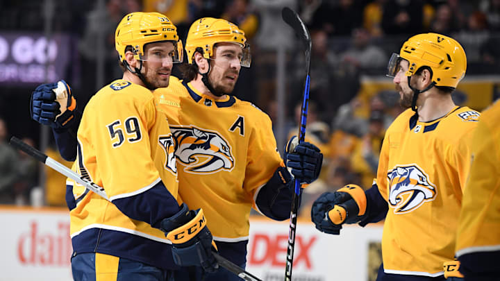 Mar 19, 2024; Nashville, Tennessee, USA; Nashville Predators defenseman Roman Josi (59) celebrates
