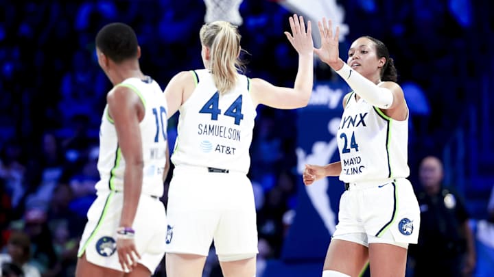 May 16, 2025; Arlington, Texas, USA;  Minnesota Lynx forward Napheesa Collier (24) celebrates with Minnesota Lynx forward Karlie Samuelson (44) and Minnesota Lynx guard Courtney Williams (10) during the second half against the Dallas Wings at College Park Center. Mandatory Credit: Kevin Jairaj-Imagn Images