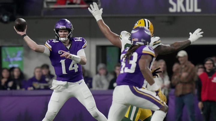 Minnesota Vikings quarterback Sam Darnold throws a pass during the third quarter of their game Sunday, Dec. 29, 2024, at U.S. Bank Stadium in Minneapolis. Minnesota Vikings quarterback Sam Darnold throws a pass during the third quarter of their game Sunday, Dec. 29, 2024, at U.S. Bank Stadium in Minneapolis.