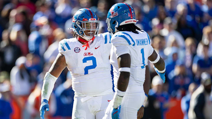 Nov 23, 2024; Gainesville, Florida, USA; Mississippi Rebels defensive tackle Walter Nolen (2) and defensive end Princely Umanmielen (1) celebrate a sack against the Florida Gators during the second half at Ben Hill Griffin Stadium. Mandatory Credit: Matt Pendleton-Imagn Images Nov 23, 2024; Gainesville, Florida, USA; Mississippi Rebels defensive tackle Walter Nolen (2) and defensive end Princely Umanmielen (1) celebrate a sack against the Florida Gators during the second half at Ben Hill Griffin Stadium. Mandatory Credit: Matt Pendleton-Imagn Images
