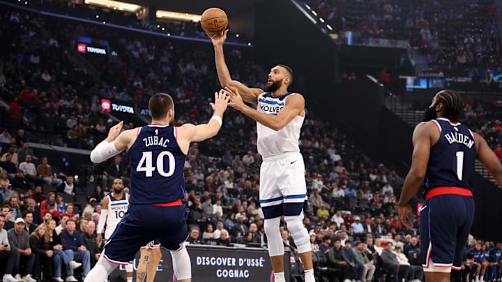 Minnesota Timberwolves center Rudy Gobert shoots over Los Angeles Clippers center Ivica Zubac (40) during the first half at Intuit Dome in Inglewood, Calif., on Dec. 4, 2024. Minnesota Timberwolves center Rudy Gobert shoots over Los Angeles Clippers center Ivica Zubac (40) during the first half at Intuit Dome in Inglewood, Calif., on Dec. 4, 2024.