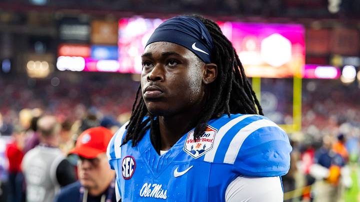 Jan 8, 2026; Glendale, AZ, USA; Mississippi Rebels linebacker Princewill Umanmielen (1) against the Miami Hurricanes during the 2026 Fiesta Bowl and semifinal game of the College Football Playoff at State Farm Stadium. Mandatory Credit: Mark J. Rebilas-Imagn Images Jan 8, 2026; Glendale, AZ, USA; Mississippi Rebels linebacker Princewill Umanmielen (1) against the Miami Hurricanes during the 2026 Fiesta Bowl and semifinal game of the College Football Playoff at State Farm Stadium. Mandatory Credit: Mark J. Rebilas-Imagn Images