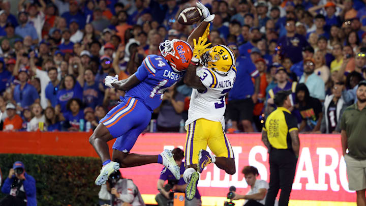 Nov 16, 2024; Gainesville, Florida, USA; Florida Gators defensive back Jordan Castell (14) defends LSU Tigers wide receiver Chris Hilton Jr. (3) during the second half at Ben Hill Griffin Stadium. Mandatory Credit: Kim Klement Neitzel-Imagn Images
