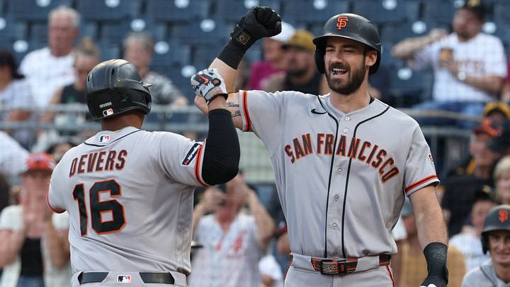 Sep 2, 2026; Pittsburgh, Pennsylvania, USA;  San Francisco Giants designated hitter Bryce Eldridge (right) greets first baseman Rafael Devers (16) crossing home plate on a solo home run against the Pittsburgh Pirates during the first inning at PNC Park.  Mandatory Credit: Charles LeClaire-Imagn Images