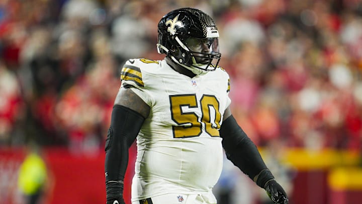 Oct 7, 2024; Kansas City, Missouri, USA; New Orleans Saints defensive tackle Khalen Saunders (50) reacts during the second half against the Kansas City Chiefs at GEHA Field at Arrowhead Stadium. Mandatory Credit: Jay Biggerstaff-Imagn Images