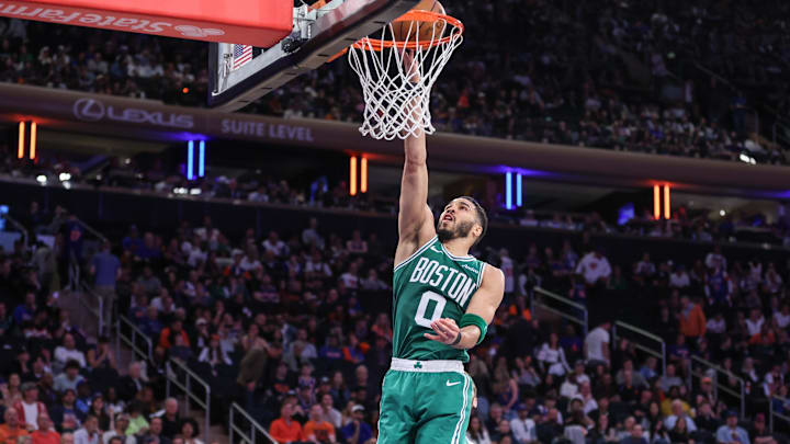 May 10, 2025; New York, New York, USA; Boston Celtics forward Jayson Tatum (0) drives to the basket in the fourth quarter against the New York Knicks during game three of the second round for the 2025 NBA Playoffs at Madison Square Garden. Mandatory Credit: Wendell Cruz-Imagn Images