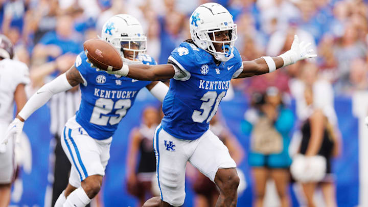 Kentucky Wildcats CB Maxwell Hairston celebrates an interception during the second quarter against Eastern Kentucky.